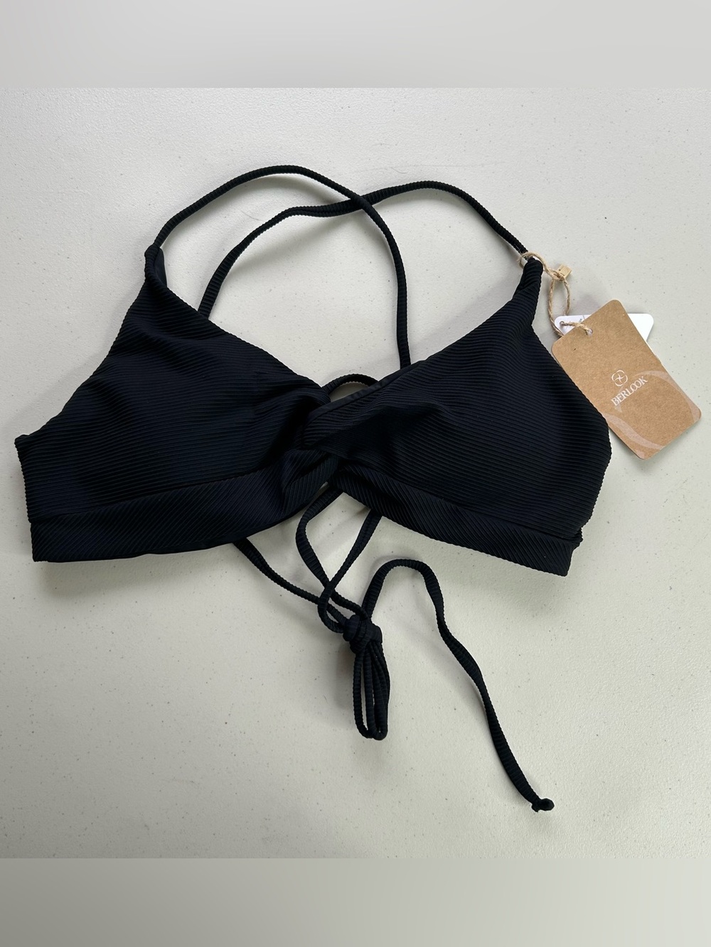Berlook Bikini Top Medium Black Twist Backless Swimwear NWT